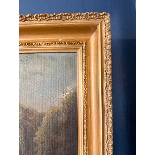 Textile Antique Pastoral Landscape Oil Painting in Ornate Gold Frame, Original 19th Century River Scene With Cows, Vintage Fine Art Wall Decor For Sale - Image 7 of 11
