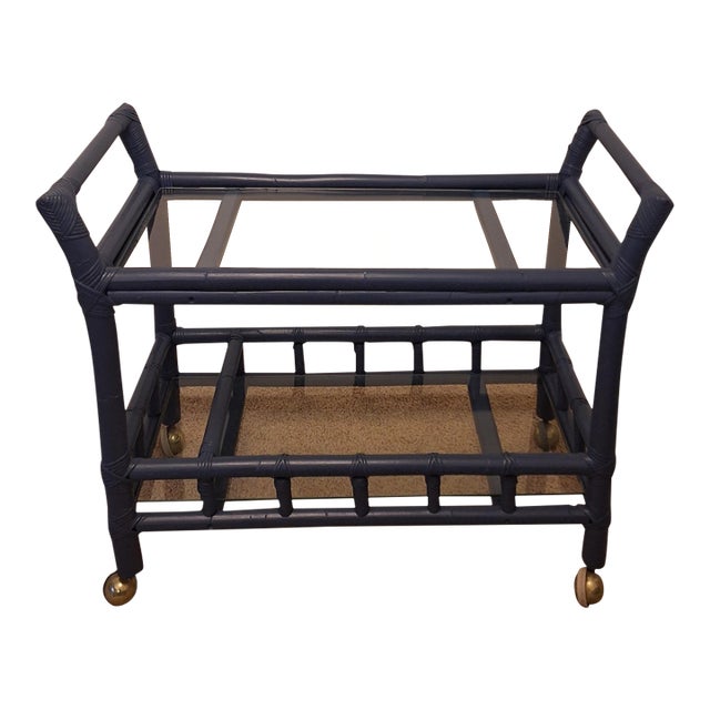 1970s Solid Rattan & Wrapped Cane Bar Cart For Sale