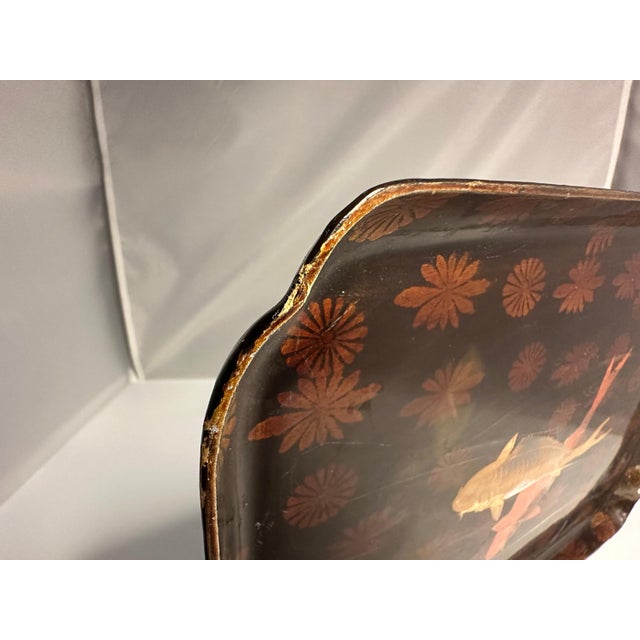 Paper Antique Japanese Maki-E Lacquer Tray: Koi Fish and Floral Design For Sale - Image 7 of 9