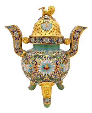20th Century Chinese Elaborate Gilt Cloisonné Foo Dog Censor