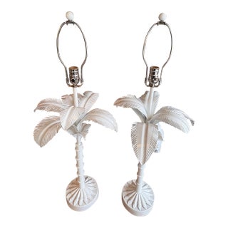 Vtg. Pair 1973 Palm Beach Tree Leaf Table Lamps Restored White Tole Newly Wired For Sale
