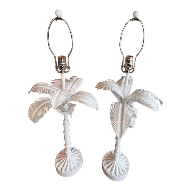 Vtg. Pair 1973 Palm Beach Tree Leaf Table Lamps Restored White Tole Newly Wired For Sale