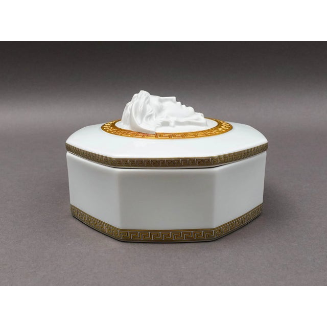 Italian Vintage Versace Rosenthal Gorgona Medusa Gold Greek Key Porcelain Trinket Jewelry Box For Sale - Image 3 of 10