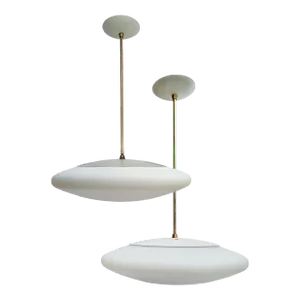 Pair of 50s Flying Saucer Frost Large Globe With Brass Rod 4-Light Pendants