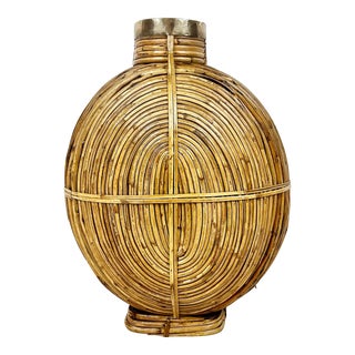 Vintage Rattan Vase With Brass Trim For Sale
