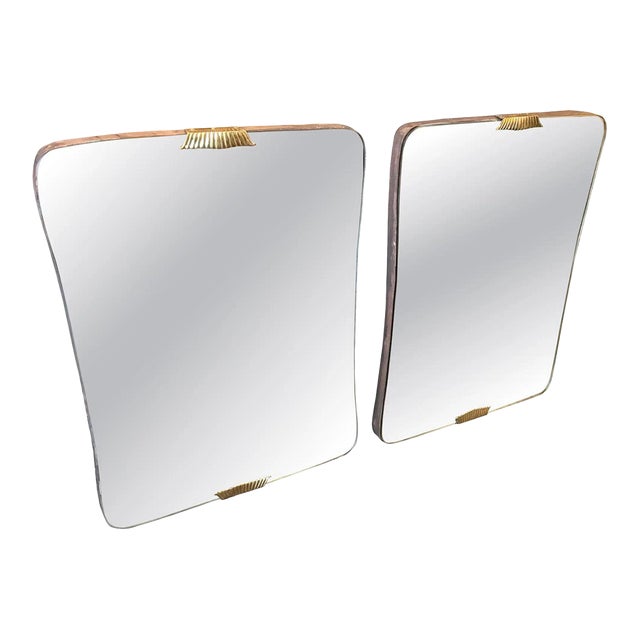 Two 1940s Gio Ponti Style Art Deco Brass and Wood Biscuit Shaped Wall Mirrors For Sale