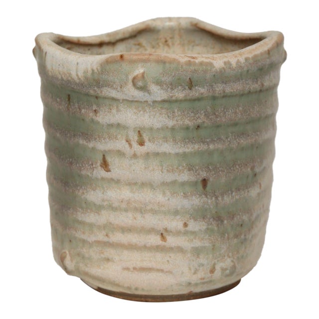 Small Vintage Green and Beige Speckled Stoneware Bud Vase by Deanna Nichols For Sale