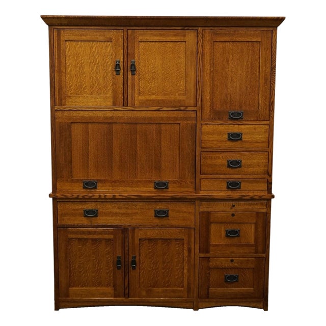 Michaels for Restoration Hardware Solid Quarter Sawn Oak Mission Craftsman Style 60" Computer Desk / Cabinet W. File Storage For Sale