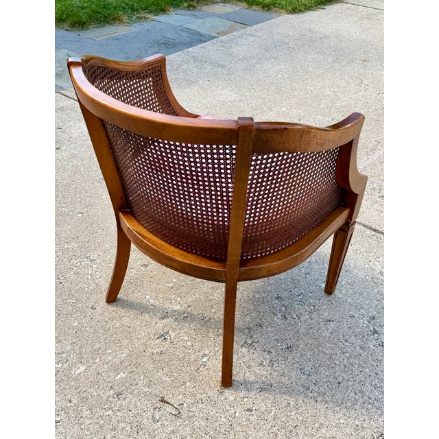 Vintage Mid-Century Modern Cane Barrel-Back Armchair | Hollywood Regency Neoclassical Revival | Tufted Pink Plaid Upholstery For Sale - Image 18 of 18