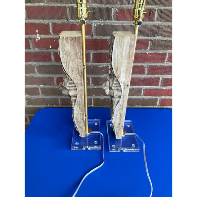 Pair Antique Carved Oak Architectural Fragment Table Lamps W/ Lucite Bases For Sale - Image 10 of 12