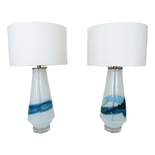 Pair of Large John Richard Designer Table Lamps Blue & White Glass Post Mid Century Modern For Sale