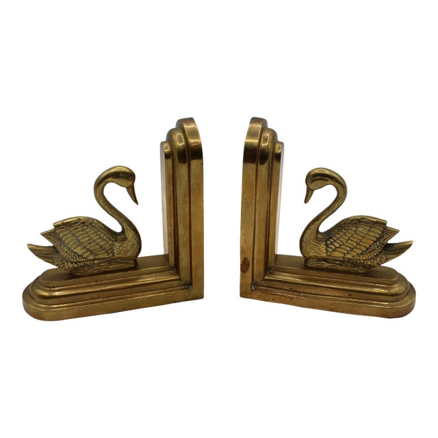 Pair of Continental Mid Century Modern Brass Swan Bookends For Sale