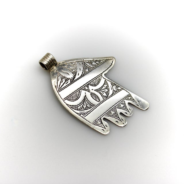 Vintage Berber Hand of Fatima/ Hamsa Sterling Silver Pendant With Geometric Motif For Sale - Image 4 of 9