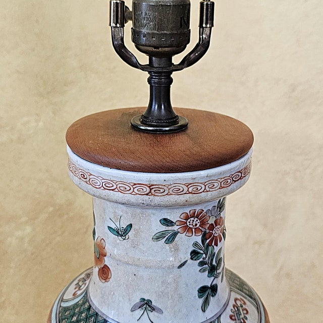Vintage Chinese Famille Verte Style Porcelain Table Lamp With Hand Painted Birds & Peonies For Sale - Image 11 of 18