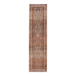 1930s Brown Tribal Geometric Antique Malayer Rug Hand Knotted 4'3" X 16'0" Wool Carpet For Sale