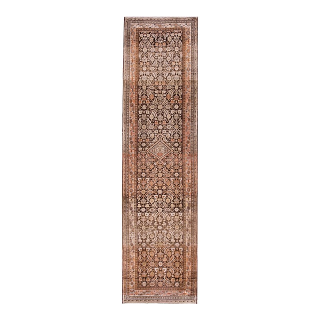 1930s Brown Tribal Geometric Antique Malayer Rug Hand Knotted 4'3" X 16'0" Wool Carpet For Sale