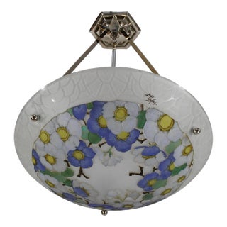 Loys Lucha French Art Deco Pendant Light 1930s - Blue White Floral Enameled Bowl For Sale
