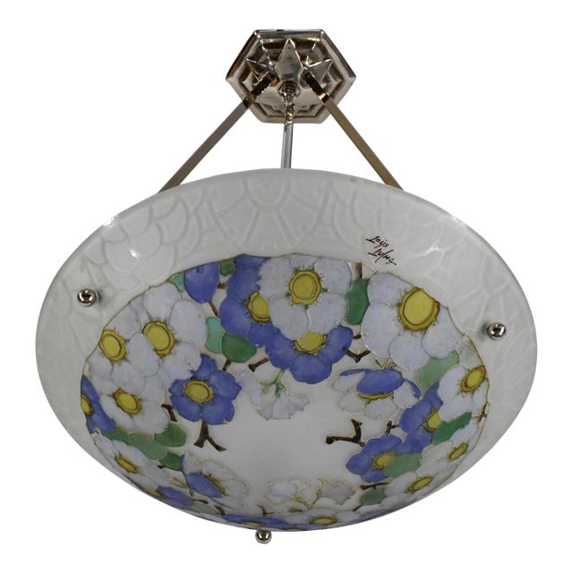 Loys Lucha French Art Deco Pendant Light 1930s - Blue White Floral Enameled Bowl For Sale