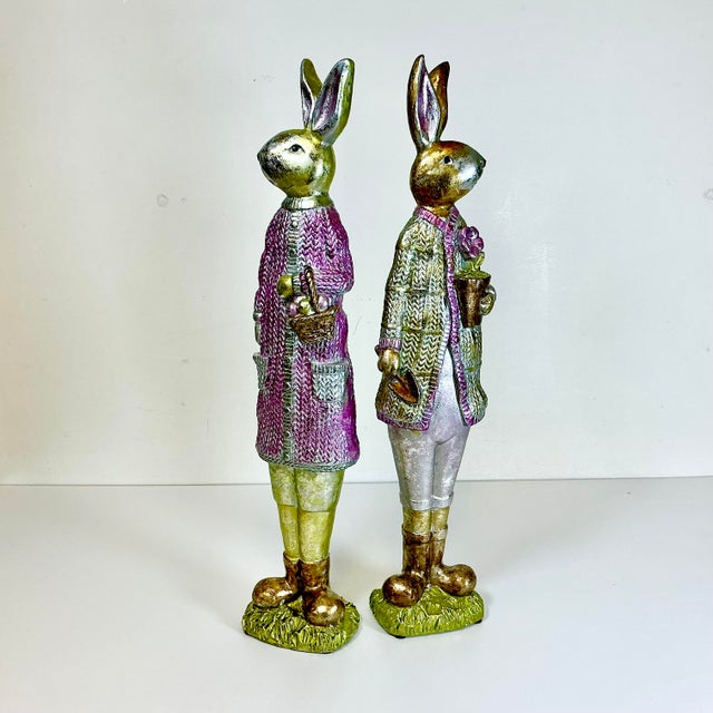 Vintage Boho Chic Shabby Chic Foil Wrapped Plaster Tall Rabbits - A Pair - Easter For Sale - Image 10 of 14