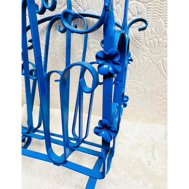Vintage Mid Century Blue Enameled Scrolled Iron and Flowers Magazine Rack For Sale - Image 12 of 12