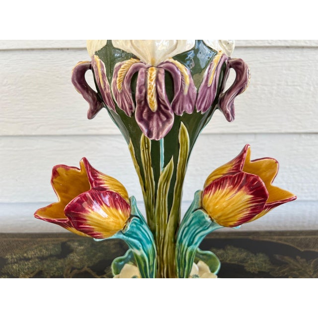 Antique French Majolica Vase Centerpiece Onnaing Art Nouveau Iris Tulip C1900 For Sale - Image 4 of 18