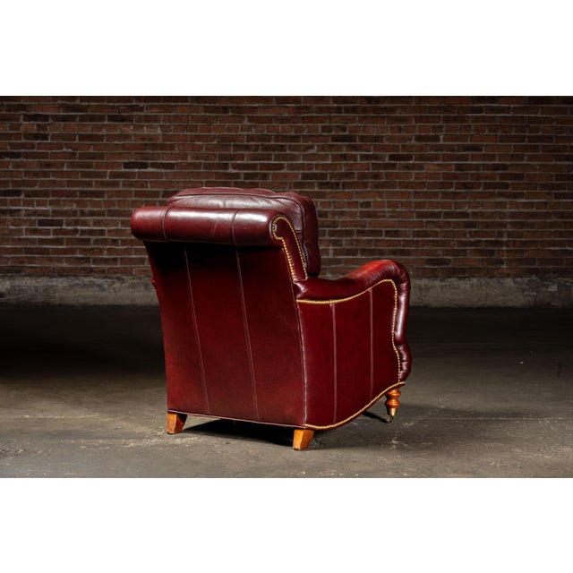 Late 20th Century Pair of Plush Leather Armchairs With Ottoman in Burgundy For Sale - Image 10 of 18