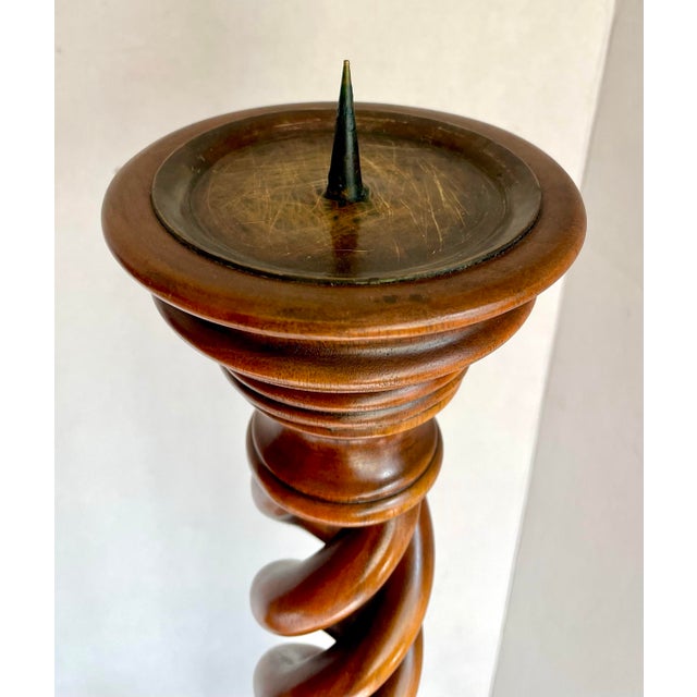 Brown Pair of Theodore Alexander Barley Twist Extra Tall Wood Candlestick Holders For Sale - Image 8 of 9