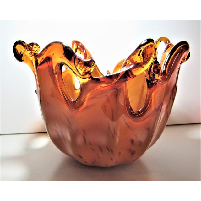 Murano Art Glass Bowl Blown White Crystal Rich Orange Color Mint