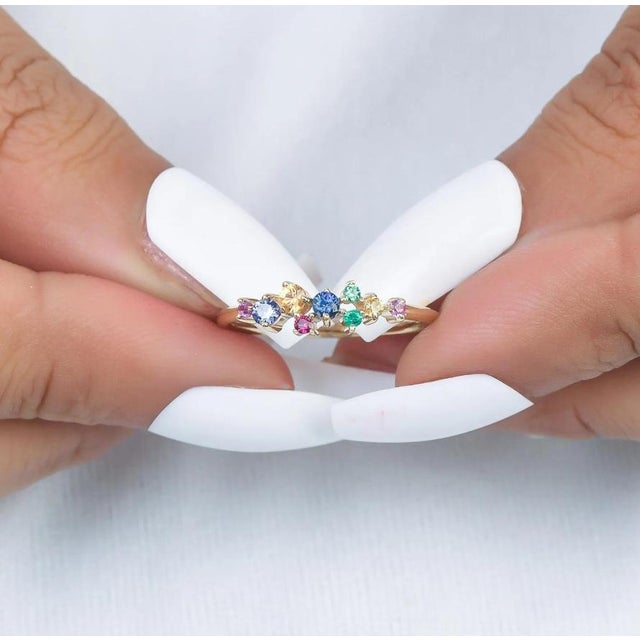 Rainbow gemstone cluster ring gold Natural rainbow ombre gemstone round mini cluster ring gold Round rainbow gemstone mini...