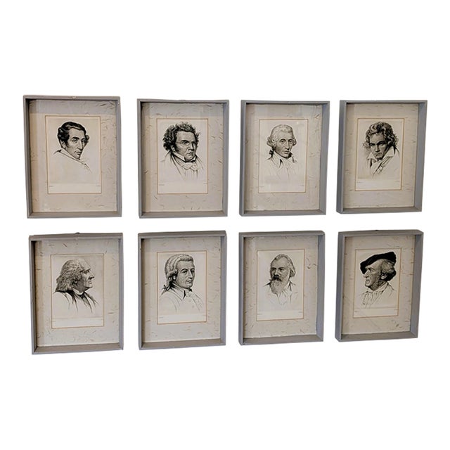 1930s Set of Eight (8) Signed Etchings of Famous Composers by Wilhelm Pech For Sale
