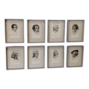 1930s Set of Eight (8) Signed Etchings of Famous Composers by Wilhelm Pech
