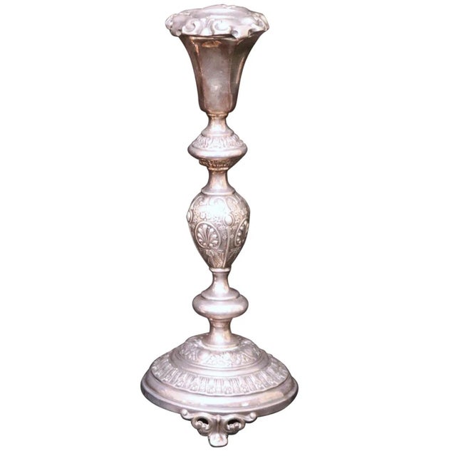 Pair of 12-Inch Antique Norblin and Co. Warsaw Silver-Plate Shabbat Candlesticks - Ornate Victorian Repoussé Judaica For Sale - Image 4 of 17