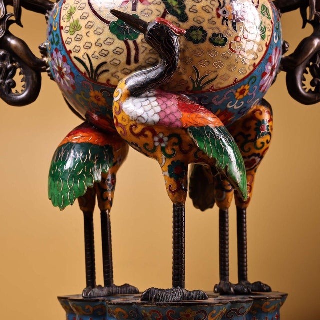 Late 20th Century Late 20th Century Pair of Gilt Bronze Cloisonné Enamel Crane Incense Burners For Sale - Image 5 of 10