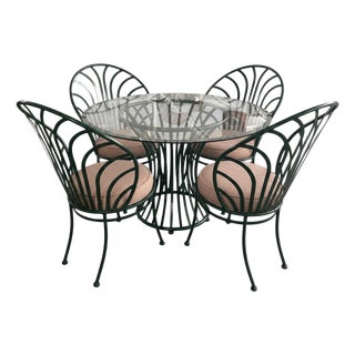 Elegant Vintage-Style Five-Piece Powder-Coated Green Wrought Iron Dining Set For Sale