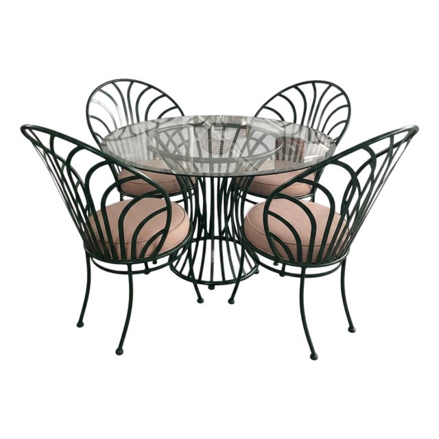 Elegant Vintage-Style Five-Piece Powder-Coated Green Wrought Iron Dining Set For Sale