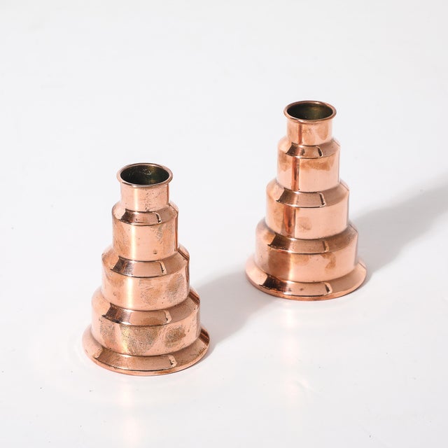 Metal Art Deco Machine Age Skyscraper Style Candleholders in Copper Signed Revere For Sale - Image 7 of 9
