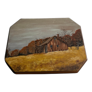 Polly Wright Mid Century Oil Painting on Wood Rustic Barn Field Western