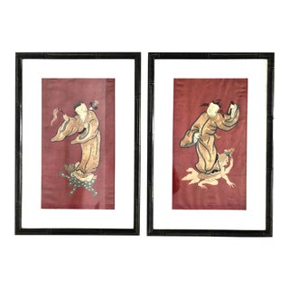 Antique Chinese Mythological Framed Wall Hangings, Metallic Embroidery, Figures on Red Silk - a Pair (Qing Dynasty) For Sale