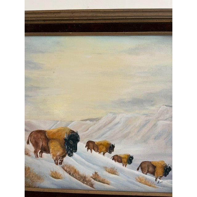 Vintage Bison Landscape Painting – Oil on Canvas, Signed “Luci,” Framed For Sale - Image 4 of 10