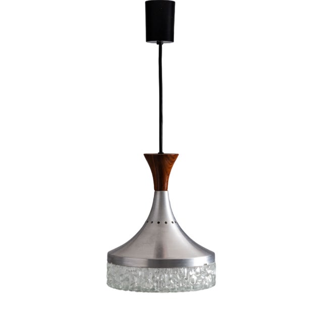 Vintage Pendant Light in Aluminium and Wood from Sölken Leuchten, 1960s For Sale