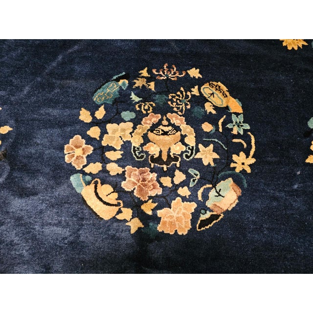 Chinese Vintage Room Size Chinese Art Deco Rug, Hand-Knotted Navy Blue, Taupe, 9' x 12' For Sale - Image 3 of 18