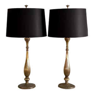 Brass Chapman Lamps with Black Silk Shades - A Pair