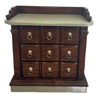 Vintage Lion 3-Drawer Nightstand - Dark Wood, Olive Sage Green, Gold Pulls For Sale