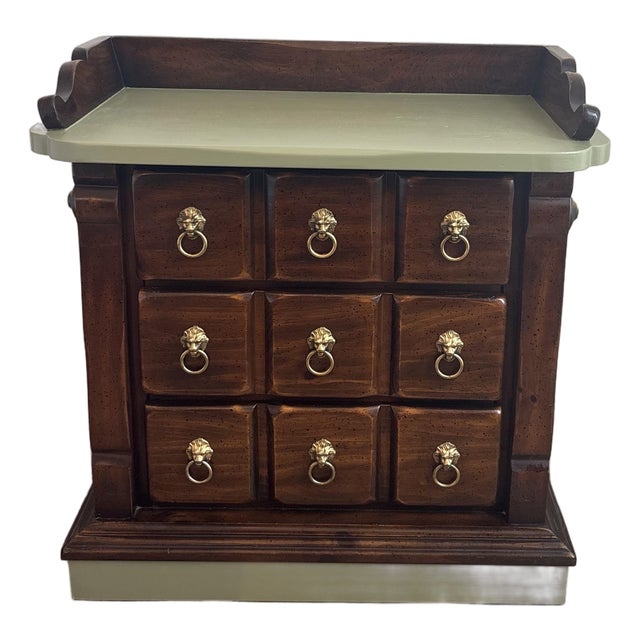 Vintage Lion 3-Drawer Nightstand - Dark Wood, Olive Sage Green, Gold Pulls For Sale