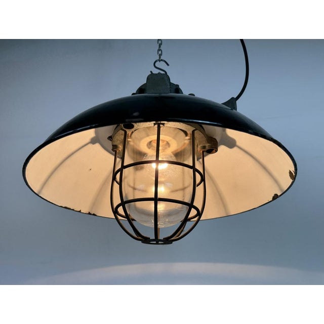 Industrial Black Enamel and Cast Iron Cage Pendant Light from Elektrosvit, 1960s For Sale - Image 17 of 18