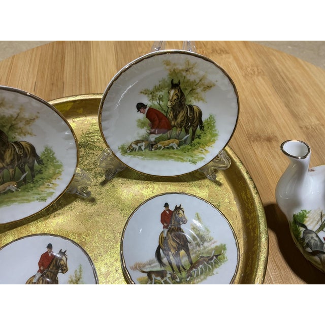 1980s Vintage English Bone China Equestrian Fox Hunt Miniature Tea Set With Florentine Gilt Tray - 6 Pieces For Sale - Image 5 of 7