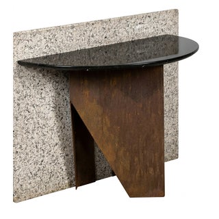 Contemporary Sculptural Corten Steel Console Table With Black Marble Top and Granite Back Panel For Sale