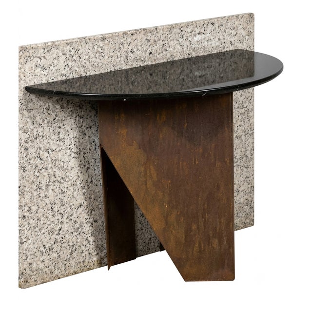 Contemporary Sculptural Corten Steel Console Table With Black Marble Top and Granite Back Panel For Sale