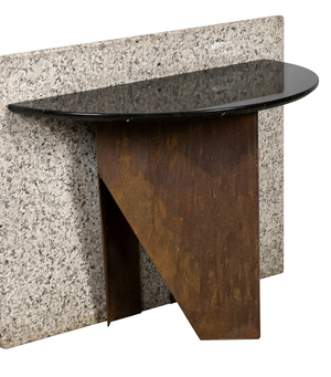 Contemporary Sculptural Corten Steel Console Table With Black Marble Top and Granite Back Panel