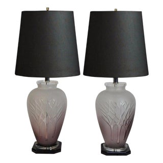 Vintage Mid Century Modern Frosted Purple Glass & Lucite Table Lamps - A Pair For Sale